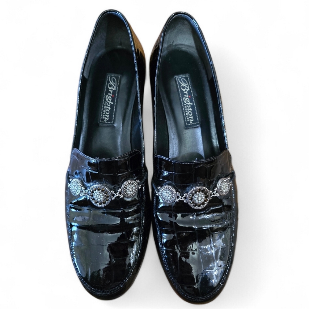 Brighton Shiny Black Loafers with Silver Embellishments